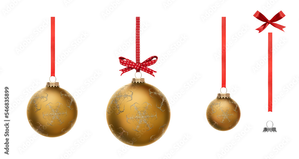 A collection of gold Christmas baubles hanging from red ribbon and bow with snowflake glitter patterns on them isolated against a transparent background.