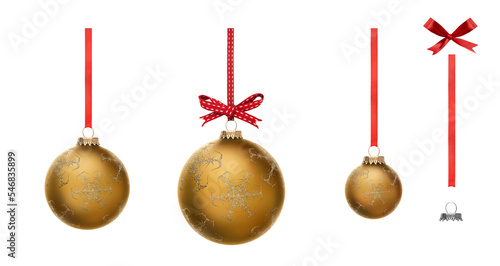Obraz na płótnie A collection of gold Christmas baubles hanging from red ribbon and bow with snowflake glitter patterns on them isolated against a transparent background. w salonie