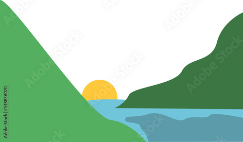 a view of the river with two green hills complemented by the sun
