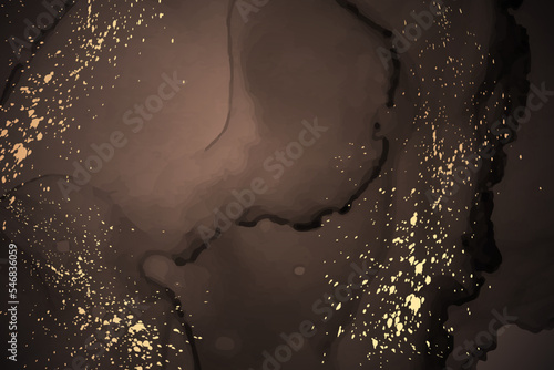Modern watercolor background or elegant card design or wallpaper or poster with abstract brown ink waves and golden splashes.