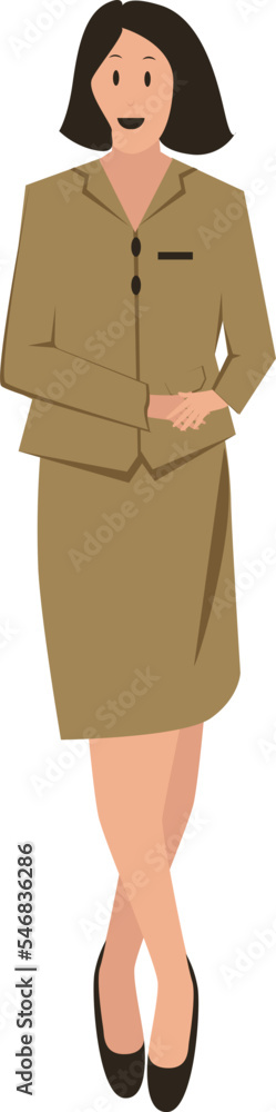 a female teacher was standing with shoulder-length black hair wearing a uniform with black shoes
a female teacher was standing with shoulder-length black hair wearing a uniform with black shoes