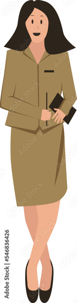 a standing woman wearing a teacher's uniform with shoulder-length black hair carrying a book and wearing black shoes
a standing woman wearing a teacher's uniform with shoulder-length black hair carrying a book and wearing black shoes