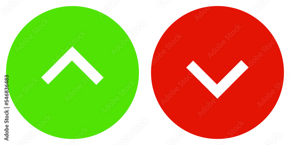 Hoch und runter Pfeil auf rundem Button in grün und rot Hoch und runter Pfeil auf rundem Button in grün und rot