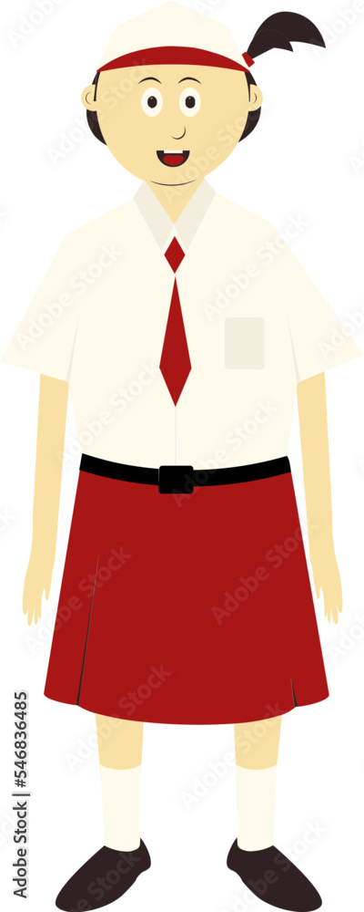 the standing girl is wearing a red and white uniform with a hat and black shoes
