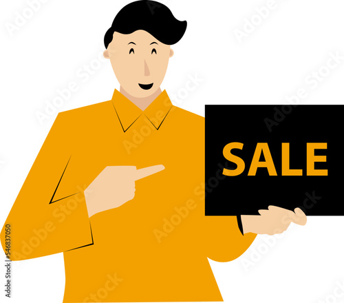 the man in the yellow shirt is saying that there is a discount