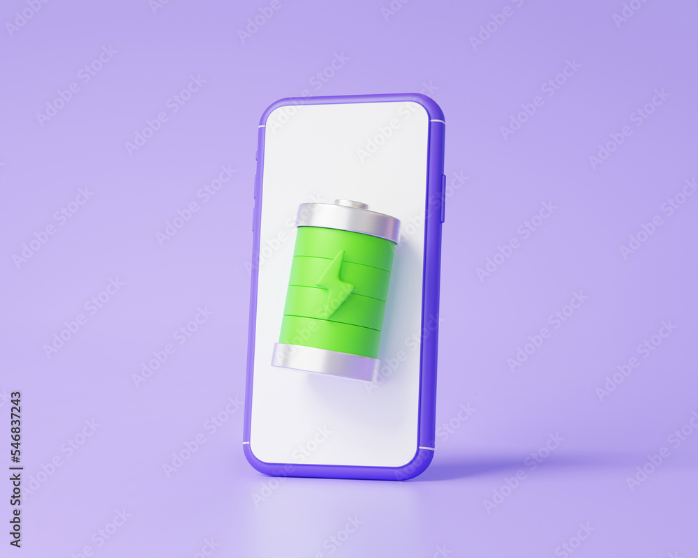 Full battery green status with mobile phone on purple background. Minimal cartoon style. 3D icon Level battery energy, sign charge indicator lightning charger technology. 3d rendering illustration