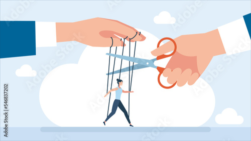 Businessman use scissors to cut controlled strings puppet, giving it freedom. Free from manipulation. Freedom, independent, liberation, control concept. Puppet. Human manipulation. Vector illustration