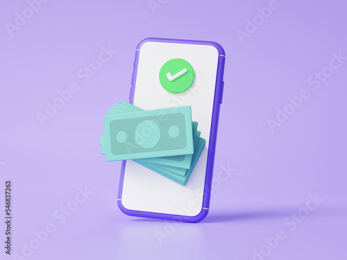 Agree checkmark account atm automatic deposit machine on mobile phone banknote floating on purple background transaction internet banking. money transfer concept. Cartoon minimal. 3d rendering photo