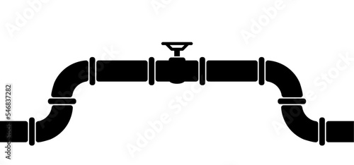 Water, oil or gas pipeline with fittings and valves. Pipeline and black tap, open, close. Globe valve icon or pictogram. Vector pipe fitting symbol. Wastewater or Waste water logo. Distribution.
