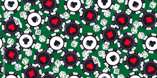 Seamless pattern of black white poker chips and white dice with black dot . Tokens with symbols of diamonds, clubs, hearts and spades. Vector design for casino, game design, advertising, banner, web