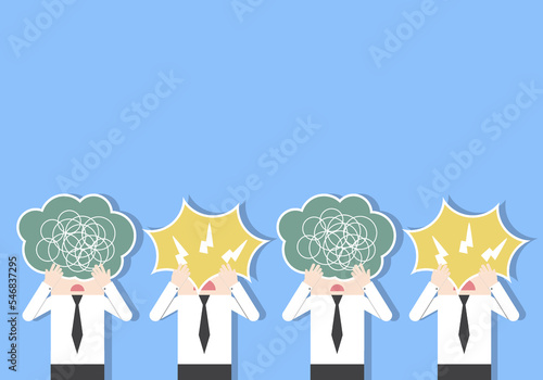 Businessmen holding a speech bubble paper sign. bad communication. don’t understand. Concept of communicate, office problem, talking confused, explain not clear, social bully, Aggressive dialogue.