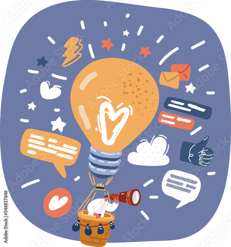 Vector illustration of Businessman is trying. Search for ideas in inrenet and social media. Concept of chasing or pursuing innovative business idea.