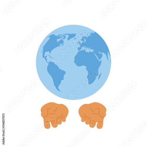 Planet earth and human hands. Care for planet concept. Flat vector illustration.