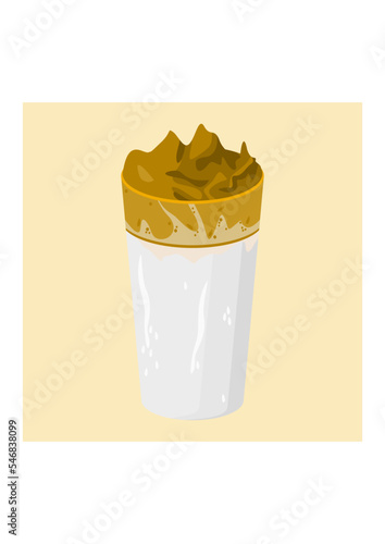 Editable Top Side View Iced Korean Dalgona Coffee Vector Illustration in Long Glass Mug for Cafe and Beverage Related Design