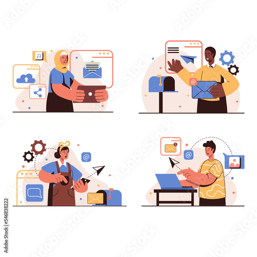 People using Email services concept isolated scenes set. Men and women sending and receiving letters, conduct online correspondence, communicate at messengers apps. Illustration in flat design