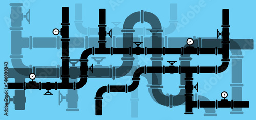 Water, oil or gas pipeline with fittings and valves. Pipeline and black tap, open, close. Globe valve icon or pictogram. Vector pipe fitting symbol. Wastewater or Waste water logo. Distribution.