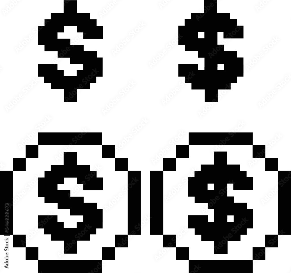 Pixel art coin dollar icon on white background. Pixel dollar symbol. flat style. Pixel art coin dollar icon on white background. Pixel dollar symbol. flat style.
