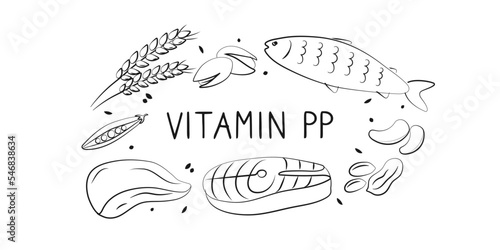 Vitamin B3 Niacinamide Vitamin PP niacin Nicotinamide. Groups of healthy products containing vitamins. Set of fruits, vegetables, meats, fish and dairy
