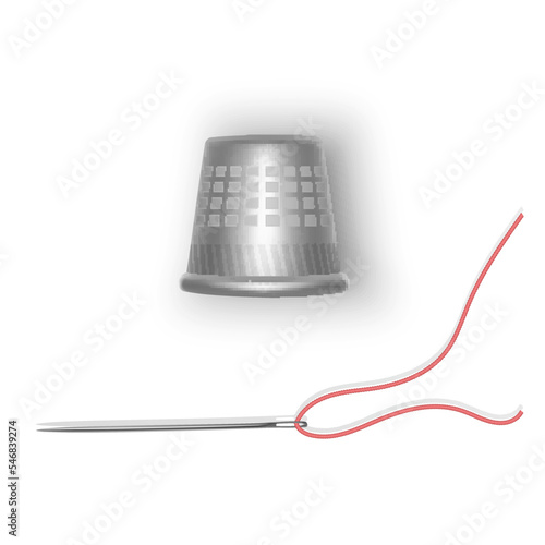 Silver Thimble, Needle and Thread. Vector illustration