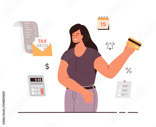 Tax bills payment. Woman with bank card, tax form in an envelope, invoice, calendar, calculator, list, bell. Cartoon flat vector illustration.