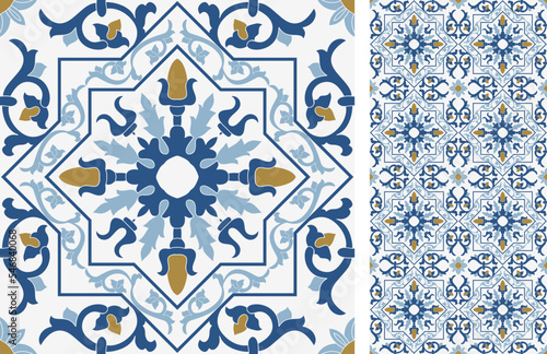 Seamless Azulejo tile. Portuguese and Spain decor. Ceramic tile with Victorian motives. Seamless Floral pattern. Vector hand drawn illustration, typical portuguese and spanish tile