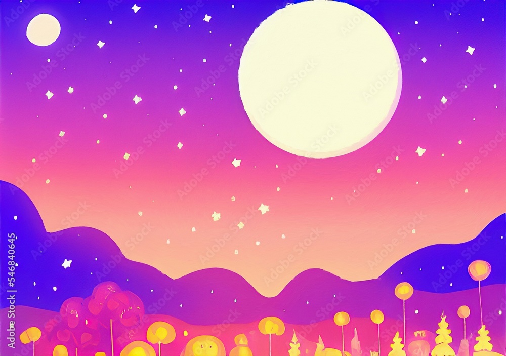 Magic nigh or evening landscape flat illustration. Shiny beautiful nature backdrop background, large size art print