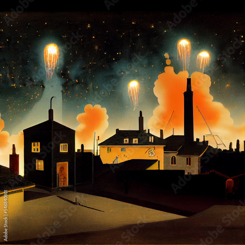 Painting of quiet neighbourhood at night