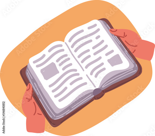 Illustrations set of human hands holding open book. Back to school, education, literacy day. Book club member. Poetry lover. Time to reading. Bookstore, library. Morning pages, diary