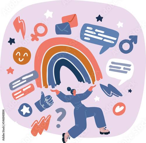 Vector illustration of Happy woman open her arms to the rainbow. Smiled girl creates good vibe around her. Smiling female character enjoys her freedom and life.