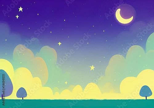 Magic nigh or evening landscape flat illustration. Shiny beautiful nature backdrop background, large size art print