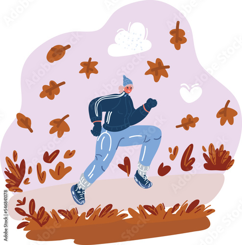 Vector illustration of woman walking in autumn wind. Woman run in autumn fall park in wind with falling leaves, bad cold weather outdoor