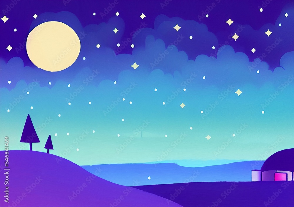 Naklejka premium Magic nigh or evening landscape flat illustration. Shiny beautiful nature backdrop background, large size art print