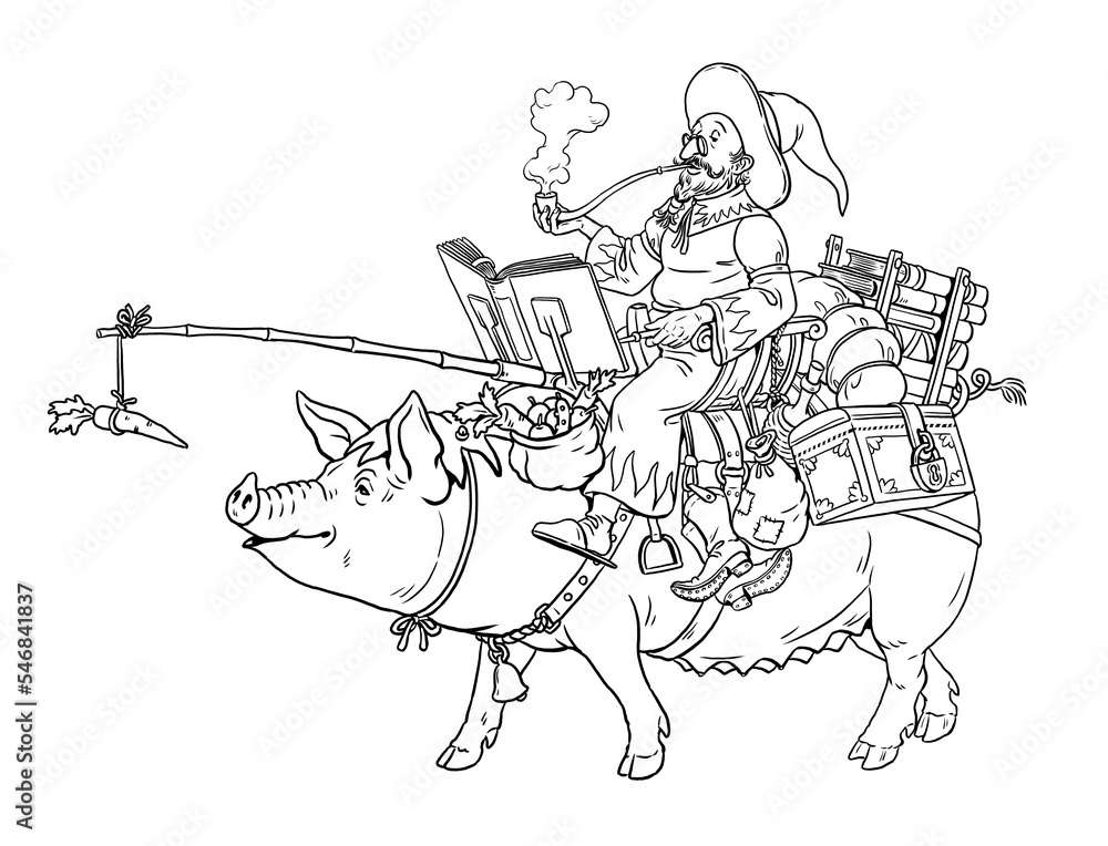 Good magician on the funny pig. Coloring page with the magician. Coloring template with wizard.