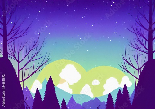 Magic nigh or evening landscape flat illustration. Shiny beautiful nature backdrop background  large size art print