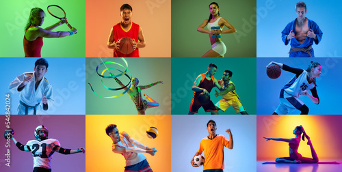 Collage. People, atheletes of different age doing various sports isolated over mulricolored background in neon.