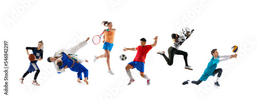 Collage. Different people, sportsmen in action, playing, training isolated over white background. Basketball, football, tennis, karate, volleyball