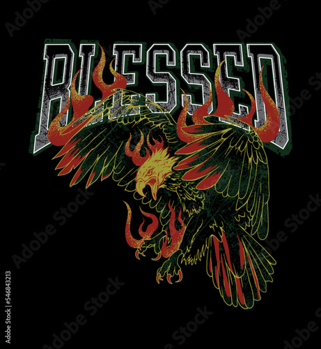 Blessed slogan with flaming grunge eagle illustration in rock, metal look