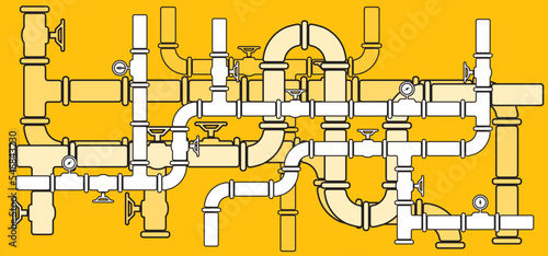 Water, oil or gas pipeline with fittings and valves. Pipeline and black tap, open, close. Globe valve icon or pictogram. Vector pipe fitting symbol. Wastewater or Waste water logo. Distribution.