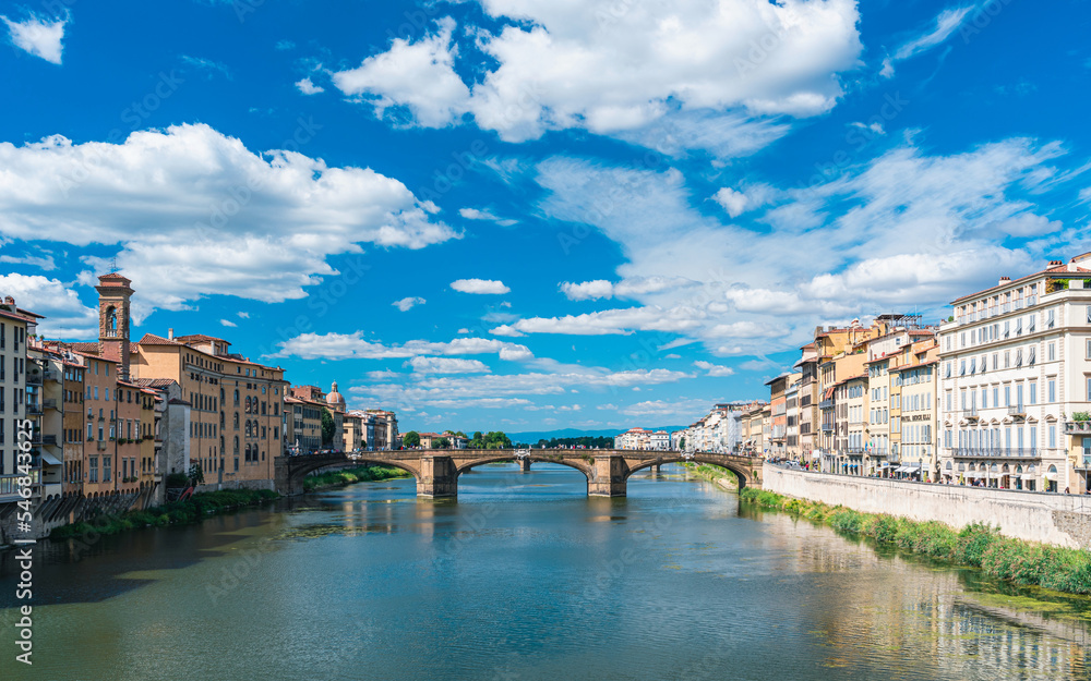 St Trinity Bridge from Ponte Vecchio over Arno River, Florence, Italy, Europe