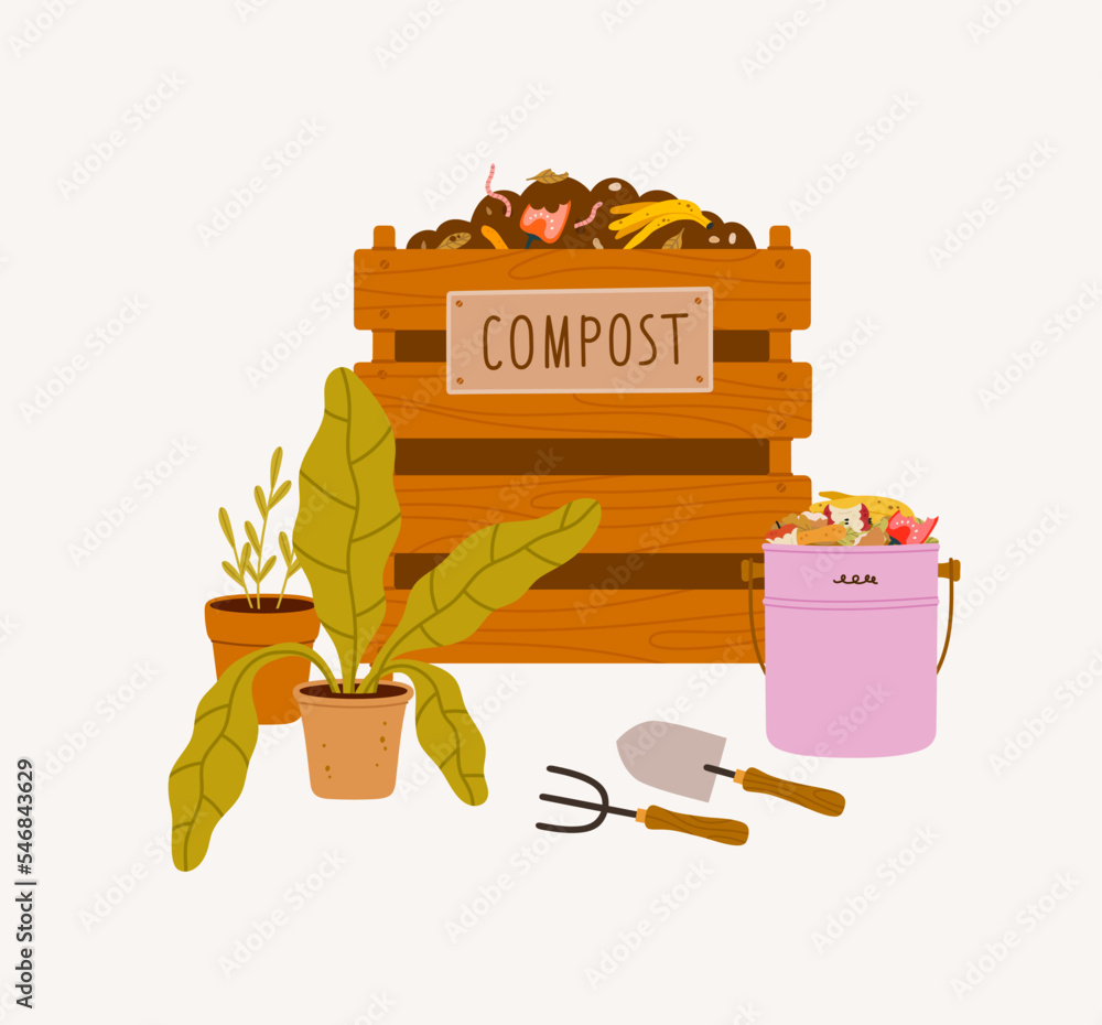 Compost bin, flower pots, shovel, rake, houseplant, kitchen composter