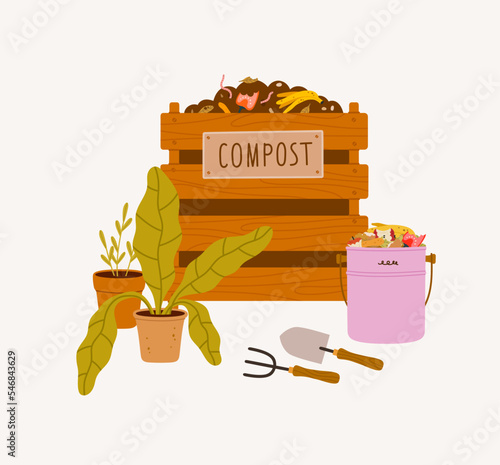 Compost bin, flower pots, shovel, rake, houseplant, kitchen composter. Concept of eco gardening, tools for growing plants, houseplants, composting. Compost cycle.