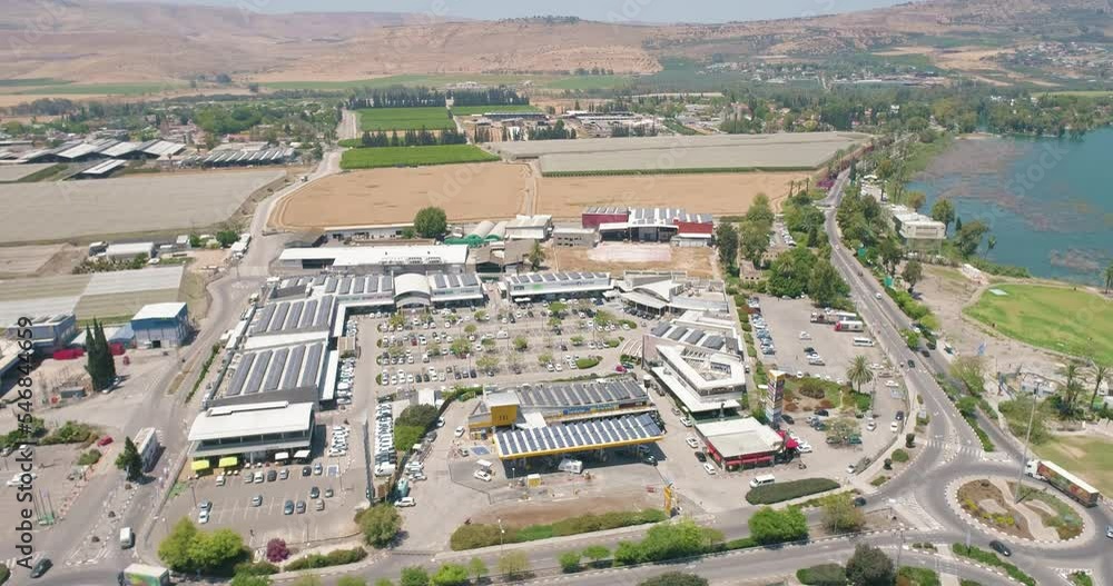 Aerial View of a shopping mall with solar panels, Zemach, Sea of Galilee, Israel. Aerial View of a shopping mall with solar panels, Zemach, Sea of Galilee, Israel.