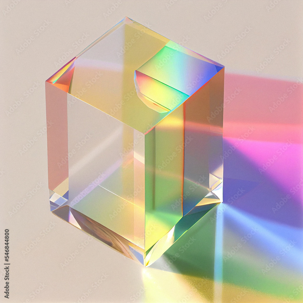 An irregularly square shaped prism, crystal through which light passes and leaves iridescent traces on the surface. Minimalistic light beige background. An irregularly square shaped prism, crystal through which light passes and leaves iridescent traces on the surface. Minimalistic light beige background.