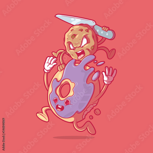 Cookie character attacking a donut vector illustration. Food, sweet, sugar design concept.