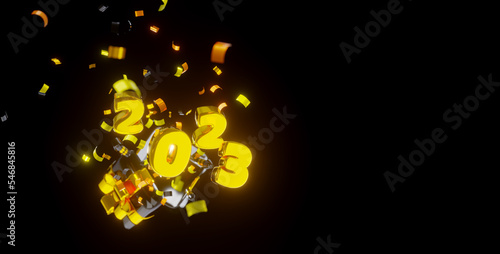 3d render. Black box with gold ribbon. Flying golden confetti and numbers 2023. black background