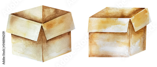 Cardboard open big box watercolor isolated element. Template for design.
