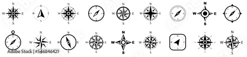 Compass icon collection. Vintage marine wind rose, nautical chart. Monochrome navigational compass with cardinal directions of North, East, South, West. Geographical position. Vector illustration