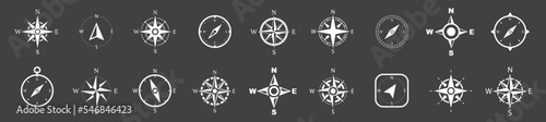 Compass icon collection. Vintage marine wind rose, nautical chart. Monochrome navigational compass with cardinal directions of North, East, South, West. Geographical position. Vector illustration