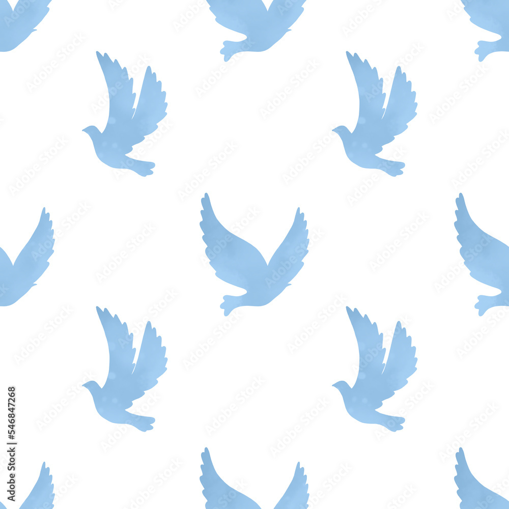 Blue birds. Pigeons. Seamless wallpaper for decoration, design in watercolor style Blue birds. Pigeons. Seamless wallpaper for decoration, design in watercolor style