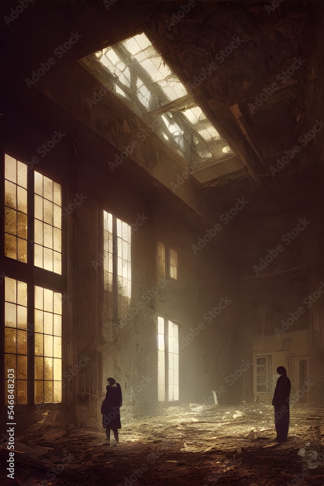 People standing in a ruined building. Can be used for stories of urban decay, ruined business, war, disaster etc. People standing in a ruined building. Can be used for stories of urban decay, ruined business, war, disaster etc.